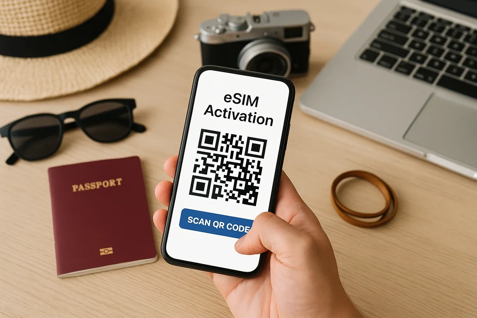 Close-up of traveler scanning QR code for eSIM activation on smartphone, minimal desk setup with travel gear — image for article illustration
