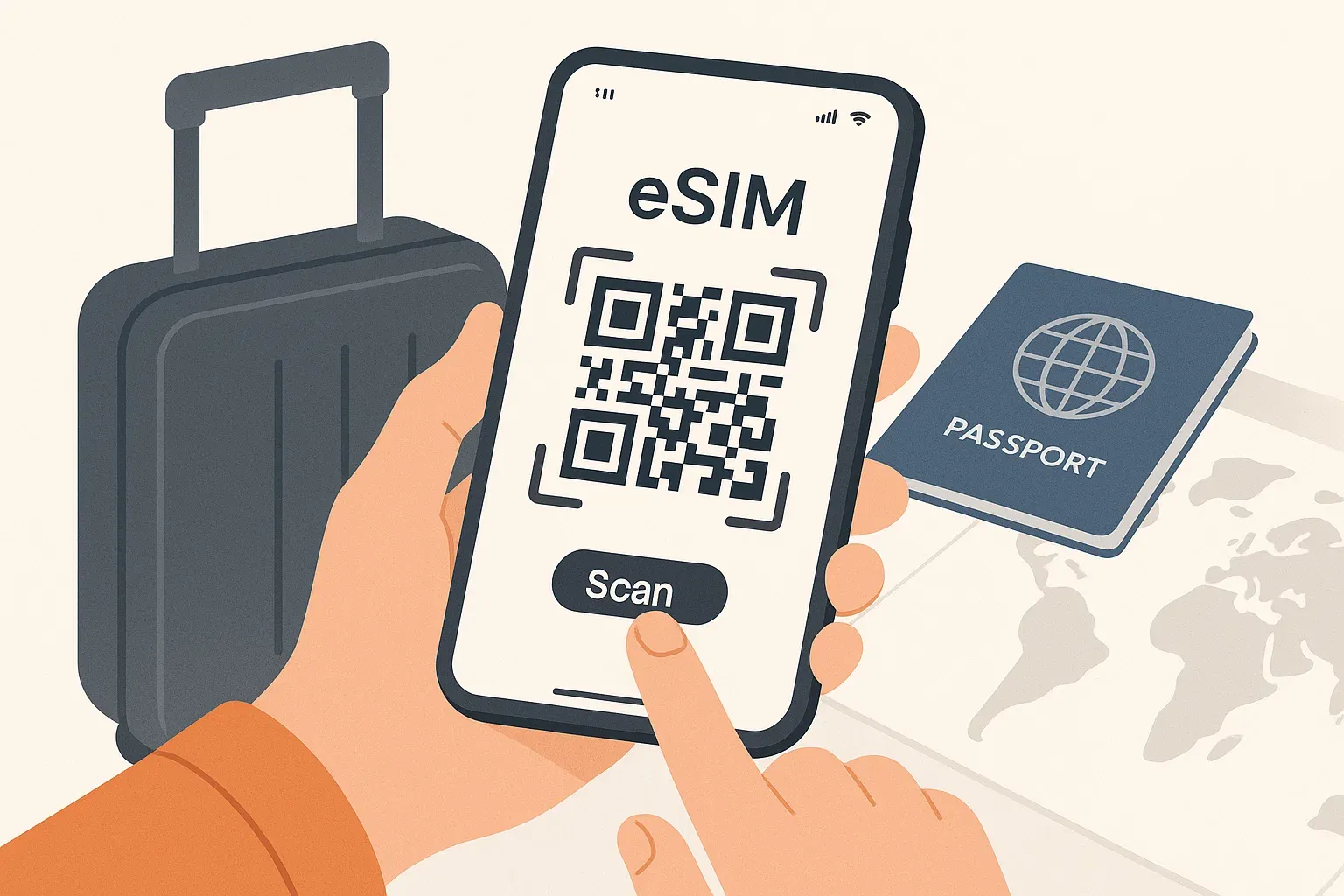 Close-up of traveler scanning a QR code on smartphone to activate eSIM, clean minimalist setup, tech-focused illustration