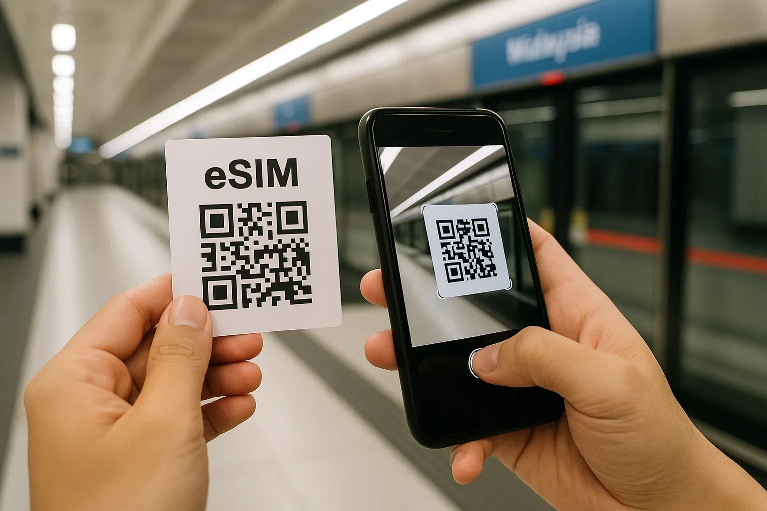 Close-up of user scanning eSIM QR in MRT station before travel to Malaysia, bright station lighting showing readiness and smooth tech onboarding
