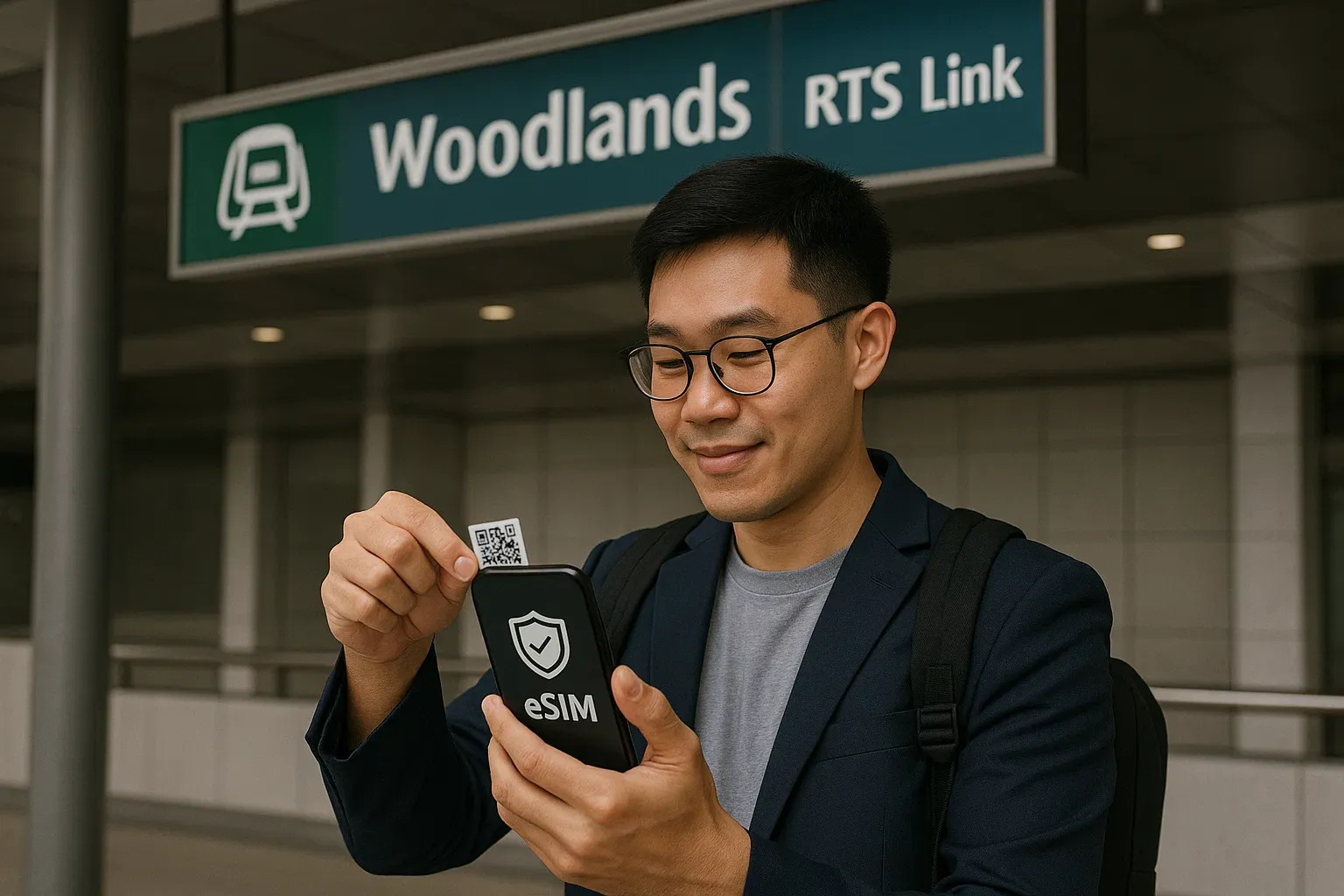 Commuter installing eSIM in Woodlands station, RTS Link signage visible, safe connectivity theme