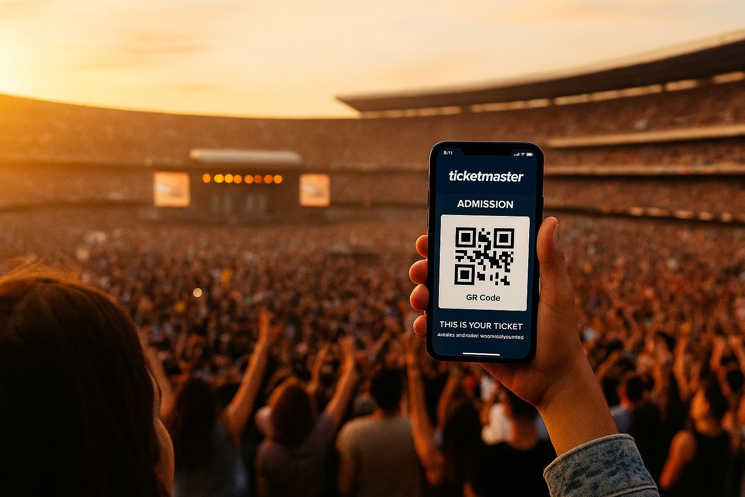 Concertgoer holding smartphone with digital ticket