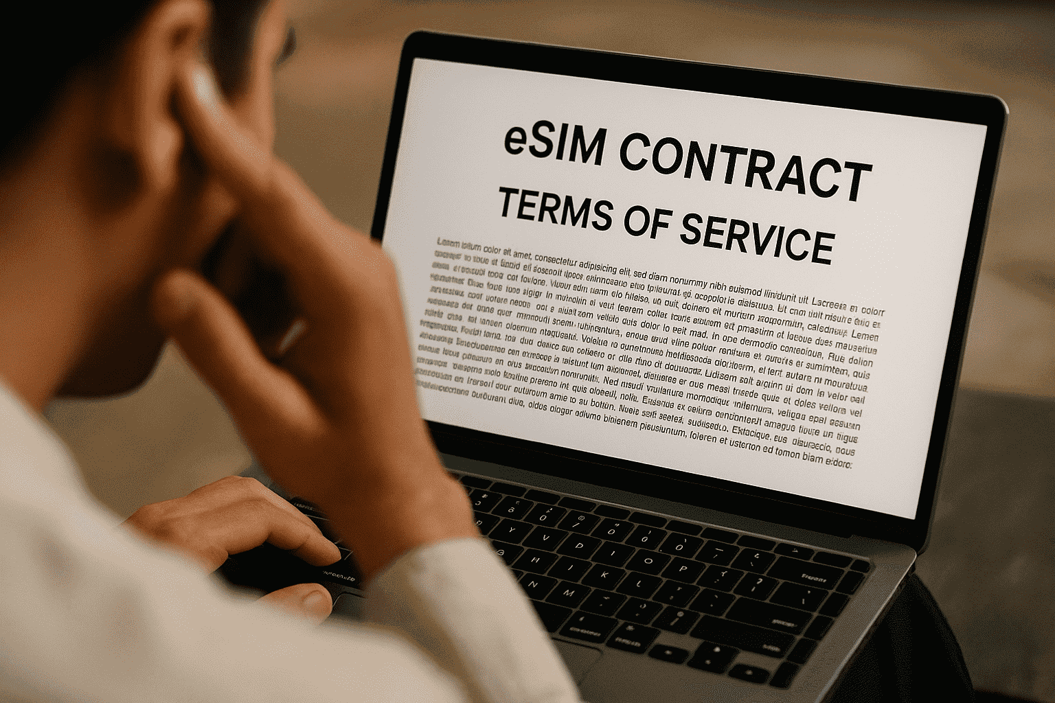 A traveler frustrated by a bad connection from a cheap eSIM plan.