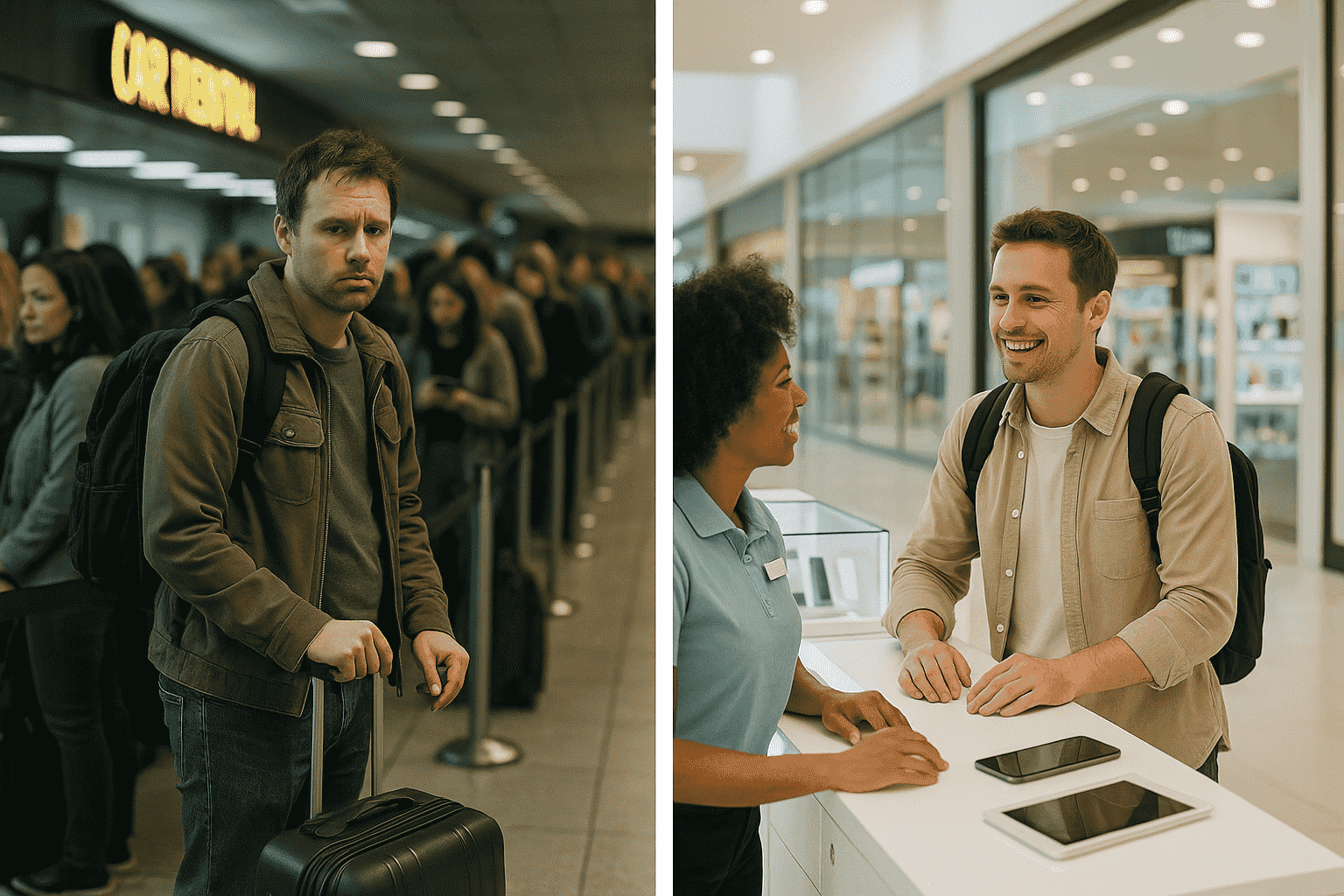 Travelers choosing a pocket wifi philippines at an airport rental counter versus a mall kiosk.