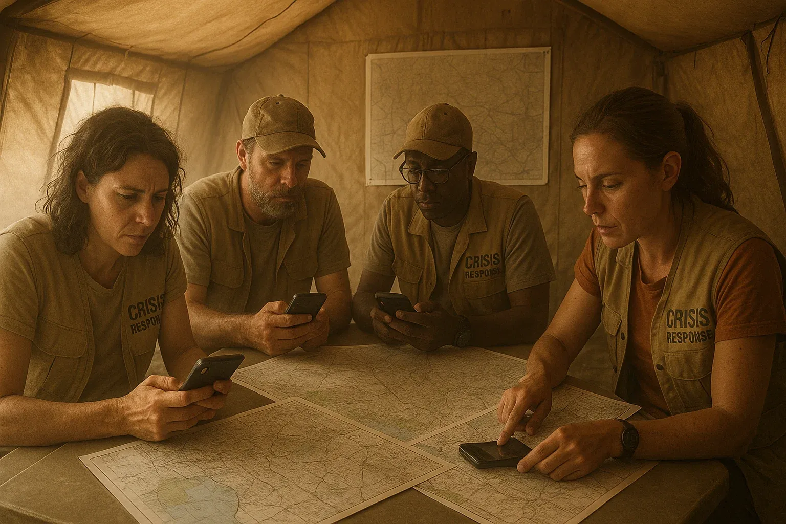 Crisis response team inside operations tent reviewing phones and maps, dusty wind light, documentary humanitarian field tone, instructional purpose