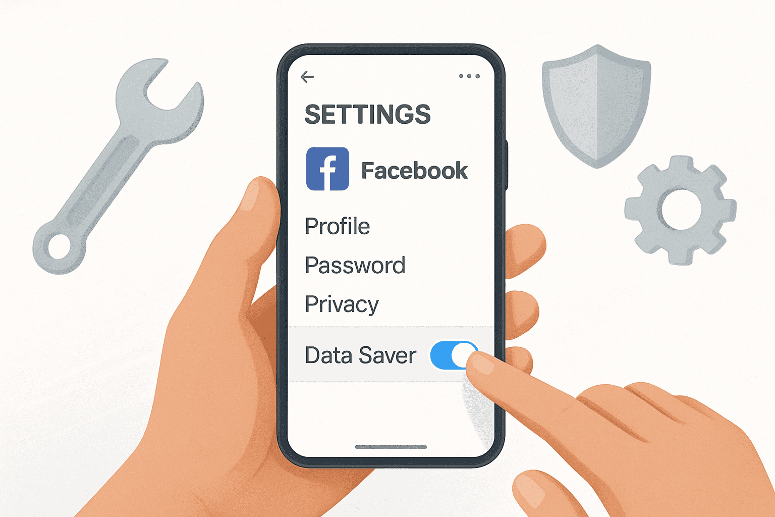 A person using a toolbox of settings to control how much data does Facebook use.
