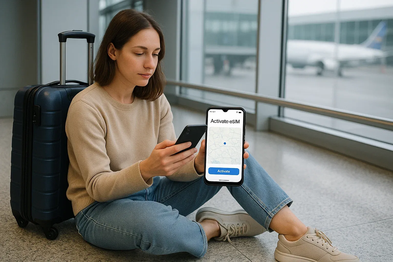 Delayed passenger seated on airport floor with suitcase, phone navigation and eSIM activation screen visible, calm problem-solving travel moment
