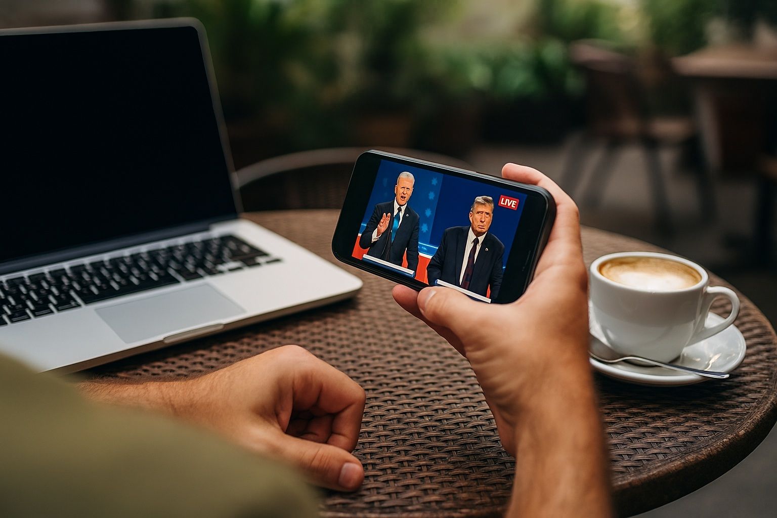 Digital nomad at outdoor café streaming political debate on phone, realistic travel photography, soft natural light, laptop and coffee near, focus on calm scene and device