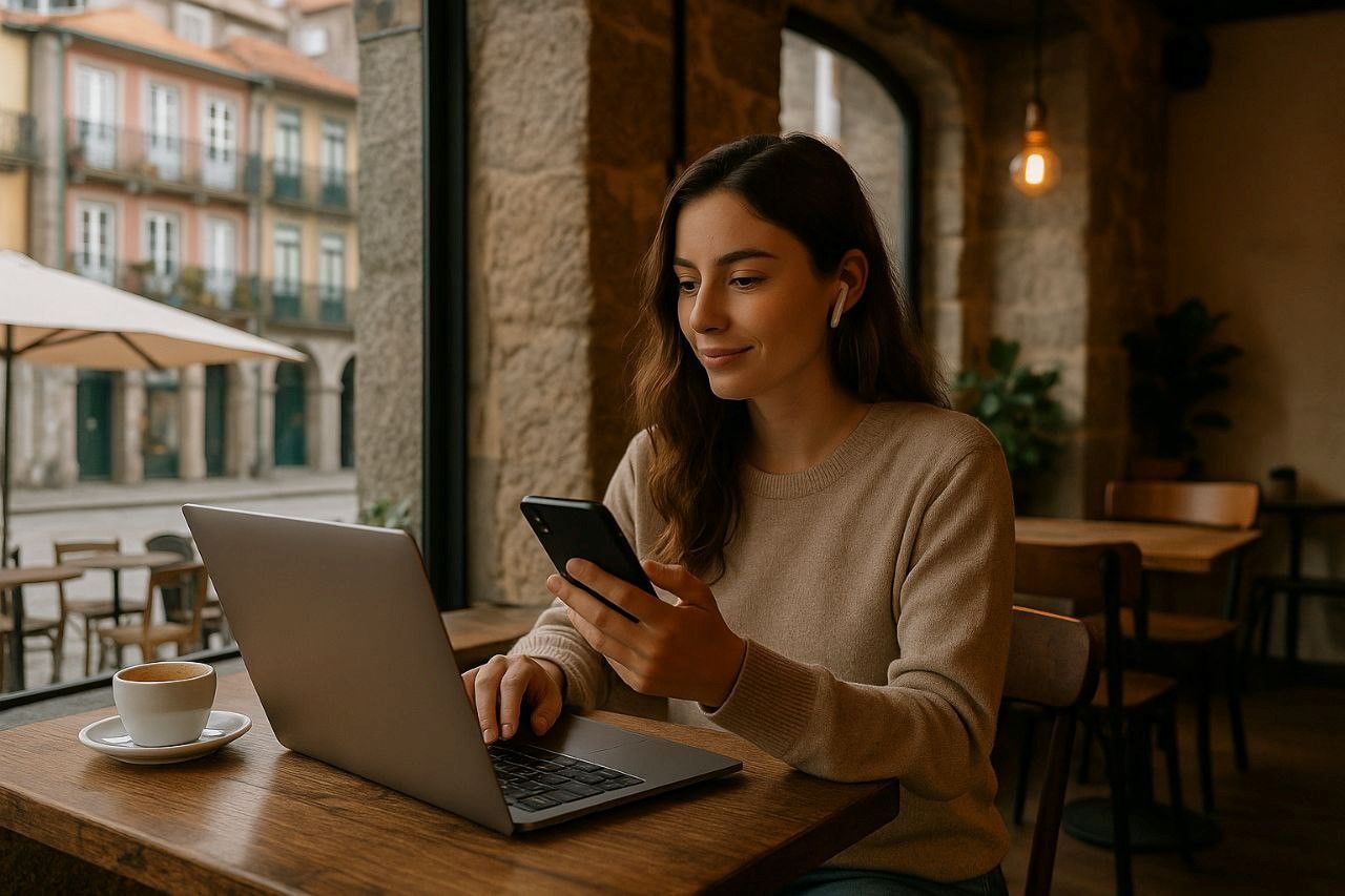 Digital nomad sitting in Porto café with laptop and phone, connected through eSIM data