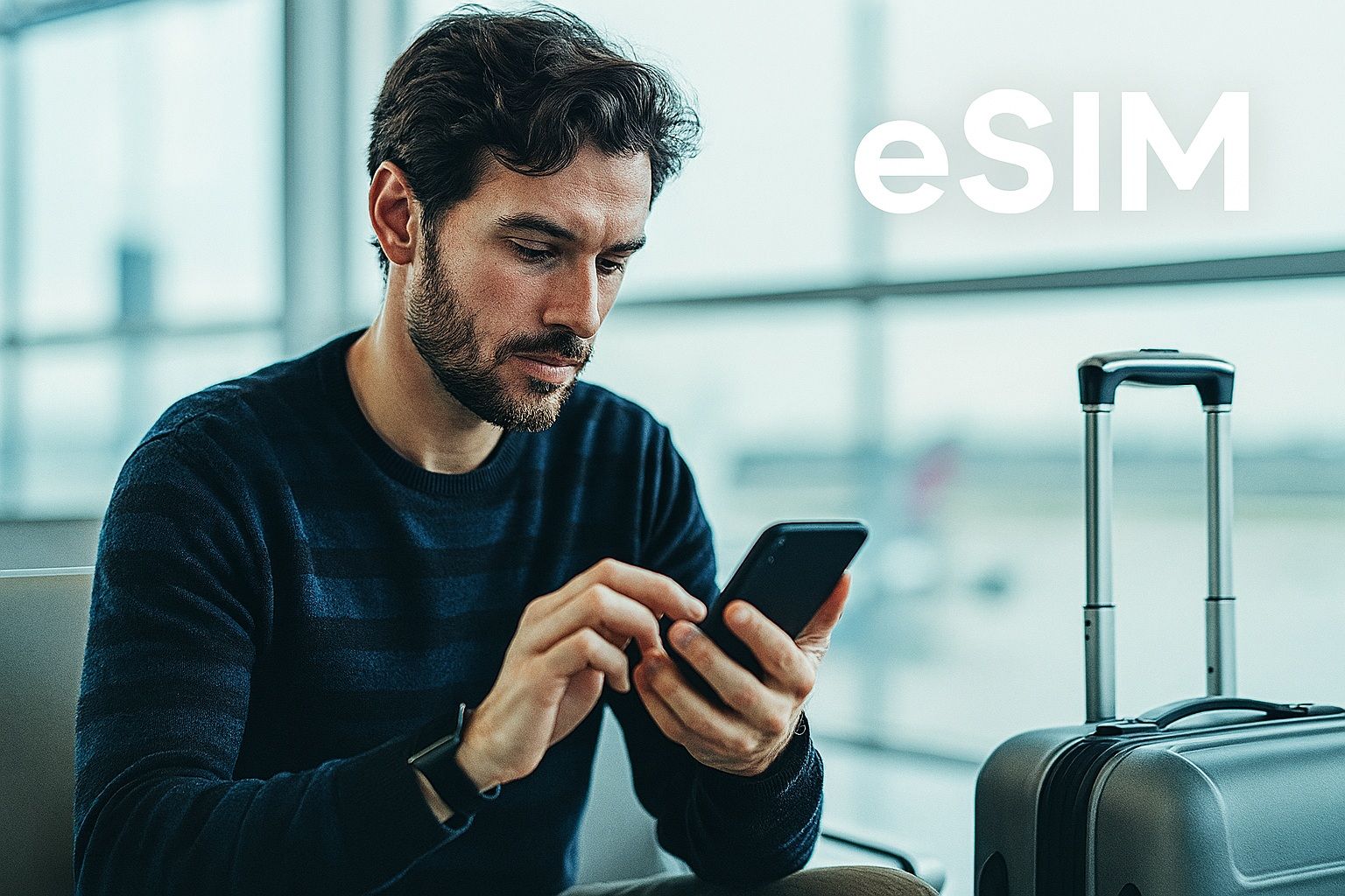 Digital traveler in an airport lounge setting up an eSIM on a smartphone, modern tech vibe, focused look, purpose activating global data before departure