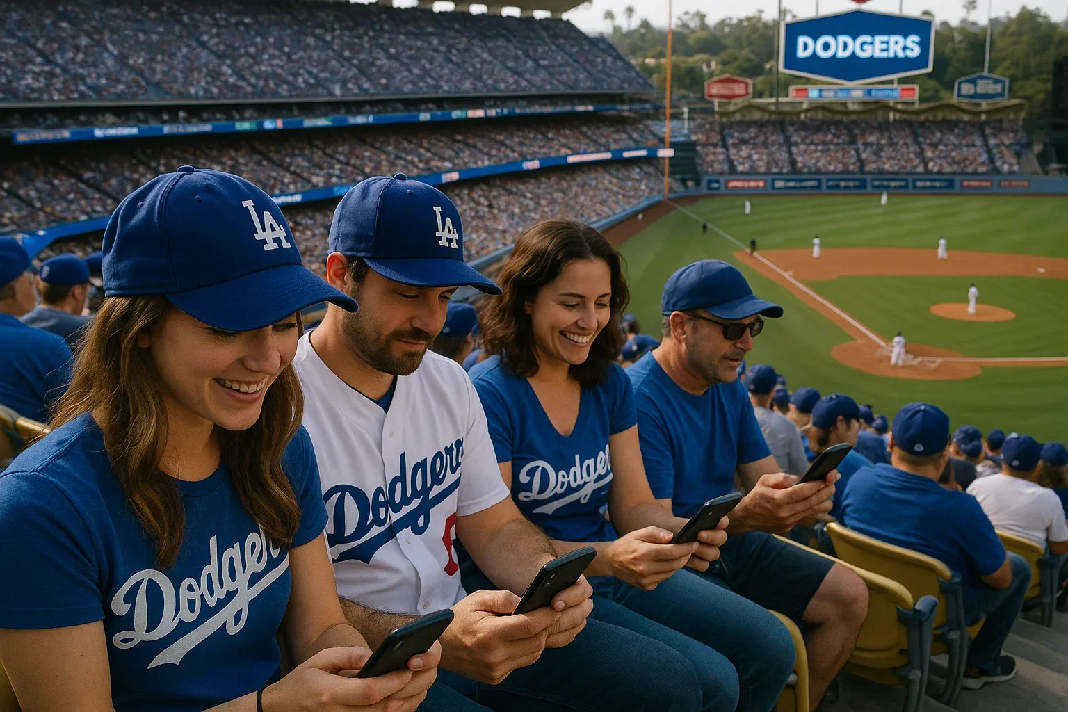 Fans sitting in the stands at Dodger Stadium, enjoying the game with smartphones in hand, highlighting the convenience of eSIM for MLB fans