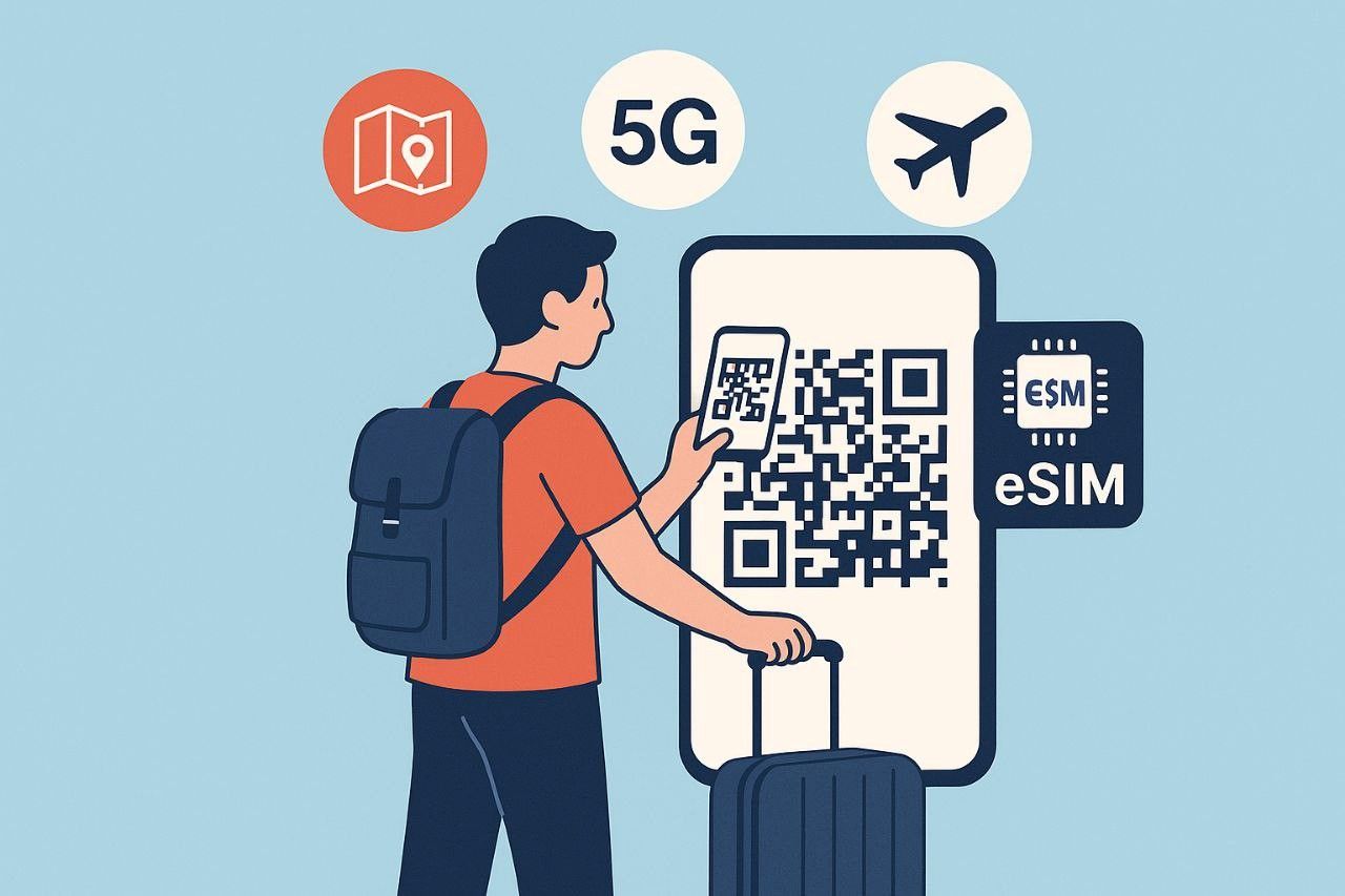 Flat illustration of a traveler scanning a QR code to install eSIM on smartphone, with icons of travel apps, 5G, and airplane, digital minimalist style