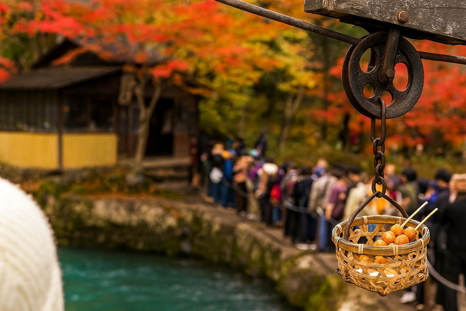 Flying Dango pulley delivering dumplings across the gorge