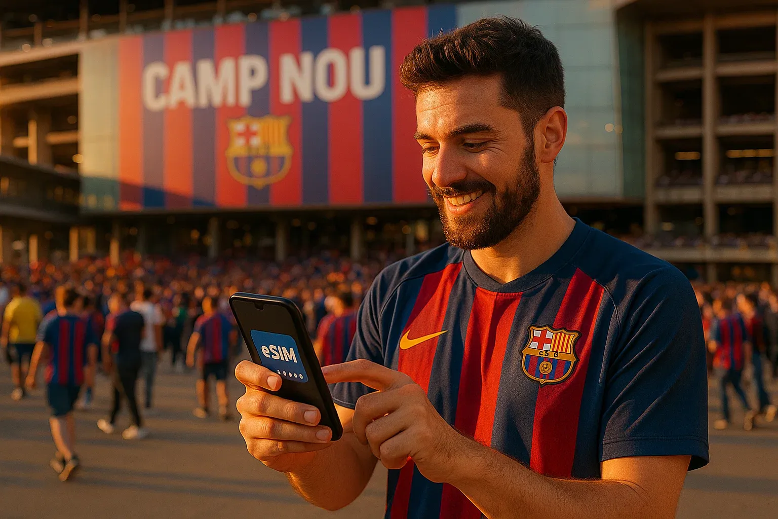 Football fan checking eSIM data in front of Camp Nou; warm daylight, Barça colors, energetic match-day vibe