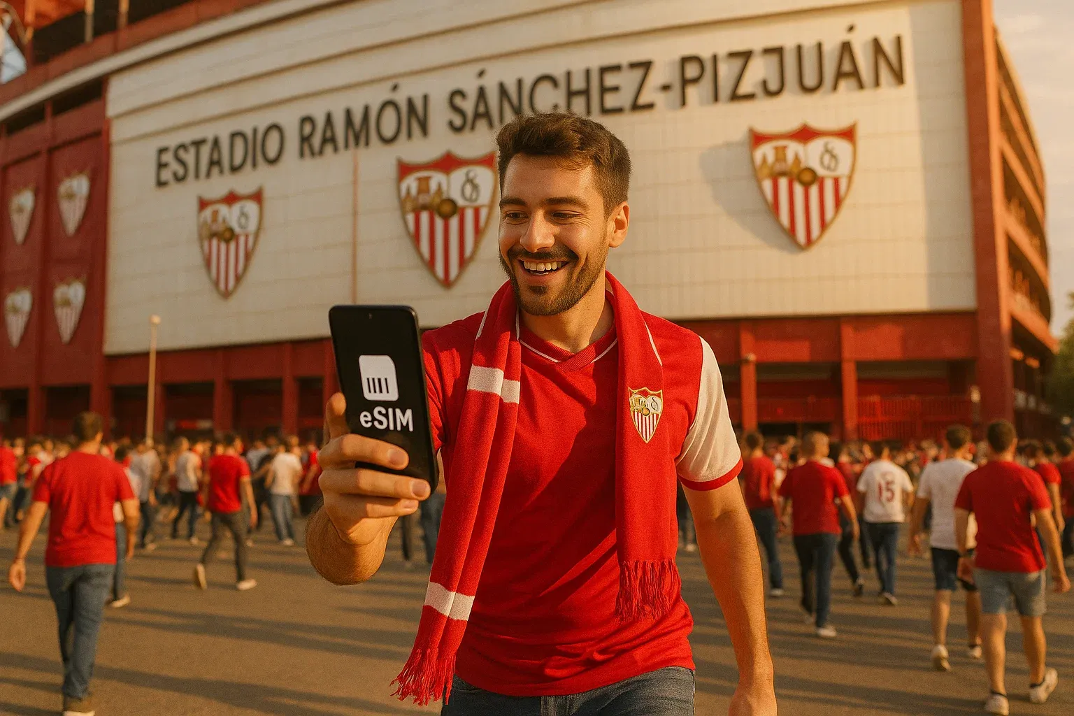 Football fan walking outside Estadio Ramón Sánchez-Pizjuán in Seville, holding a phone with active eSIM data; warm southern light, energetic match-day atmosphere