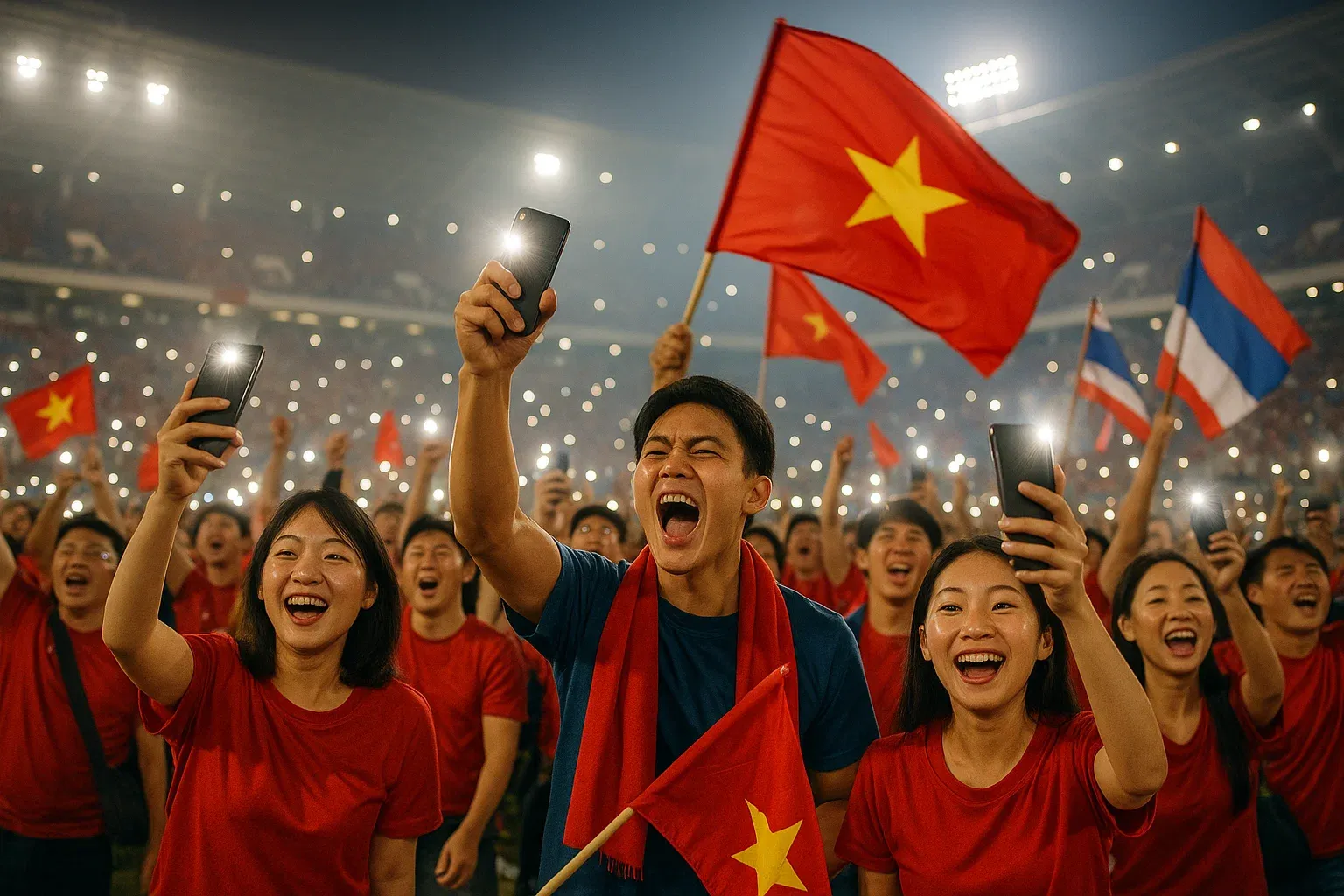 Football fans celebrating in an Asian stadium with smartphones raised, bright lights and flags waving — energetic tone highlighting connected travel and live sharing