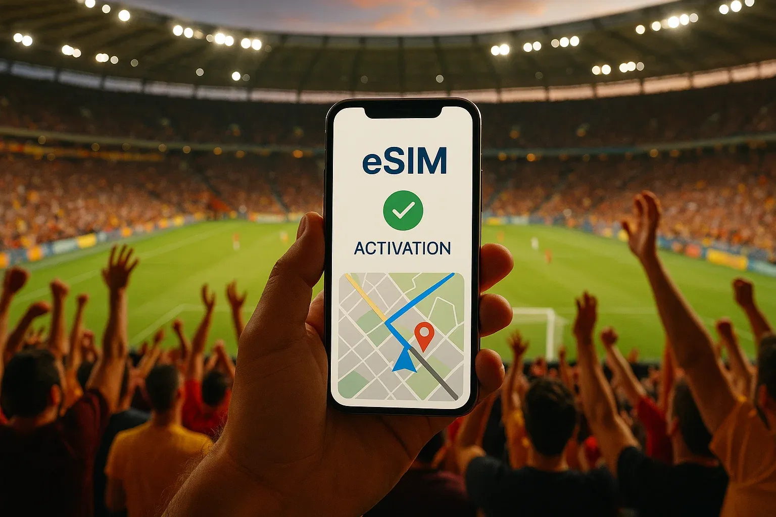 Football stadium with cheering fans, phone screen showing eSIM activation and navigation app, vibrant supporter energy, educational tech concept