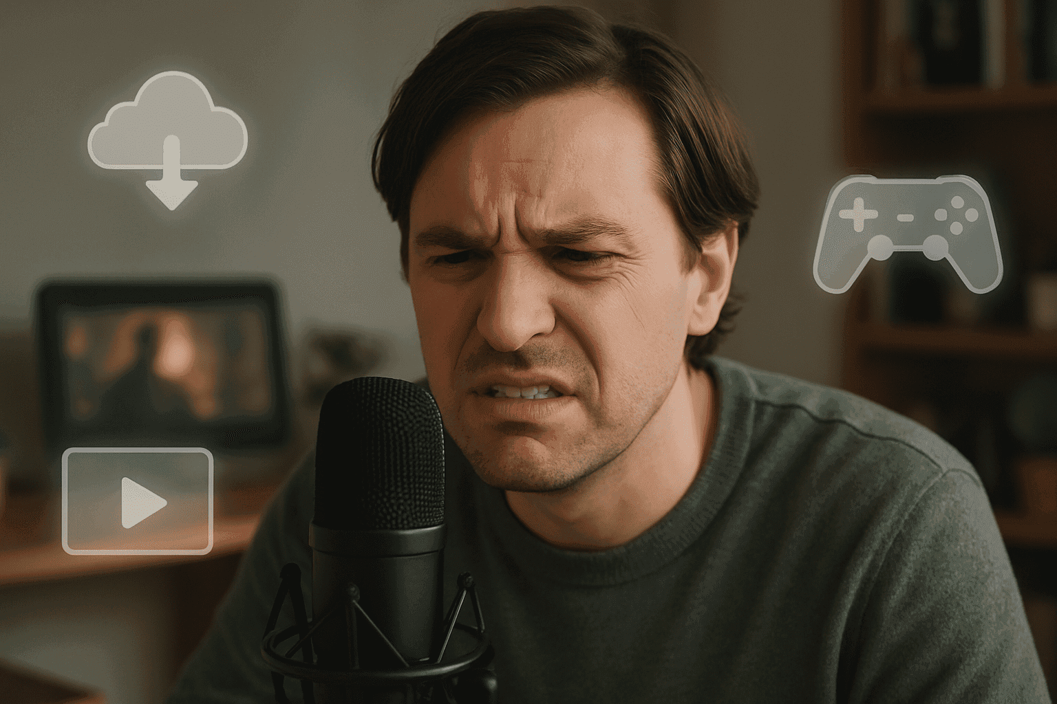 A remote podcast guest struggling with a bad connection, showing why a guest's internet speed is crucial for a podcast.