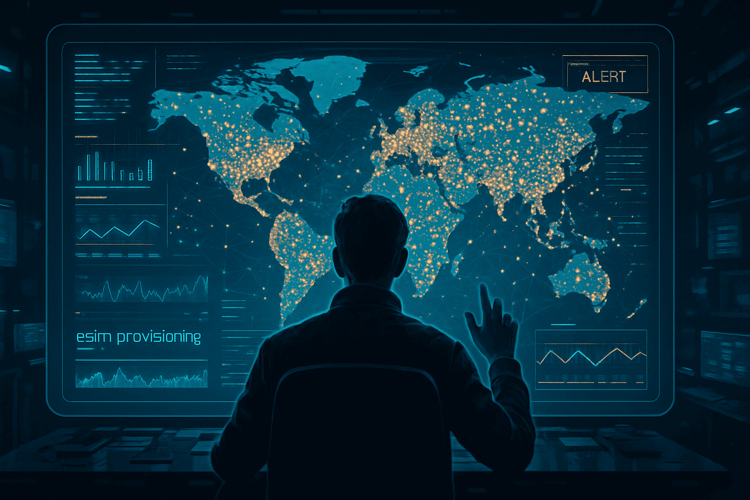 Futuristic dashboard for remote management and monitoring of eSIM provisioning globally.