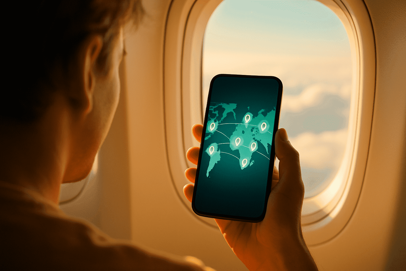 A traveler on a plane using an eSIM for global connectivity, showing a major advantage beyond the question of 'is eSIM faster than physical SIM'.
