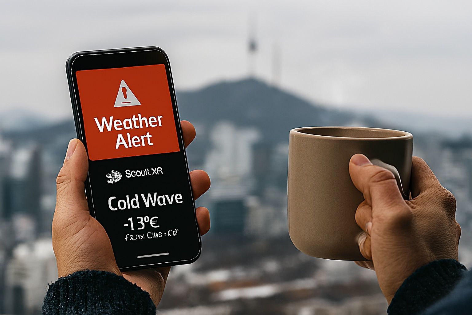 Hands holding phone showing cold wave advisory with Seoul skyline