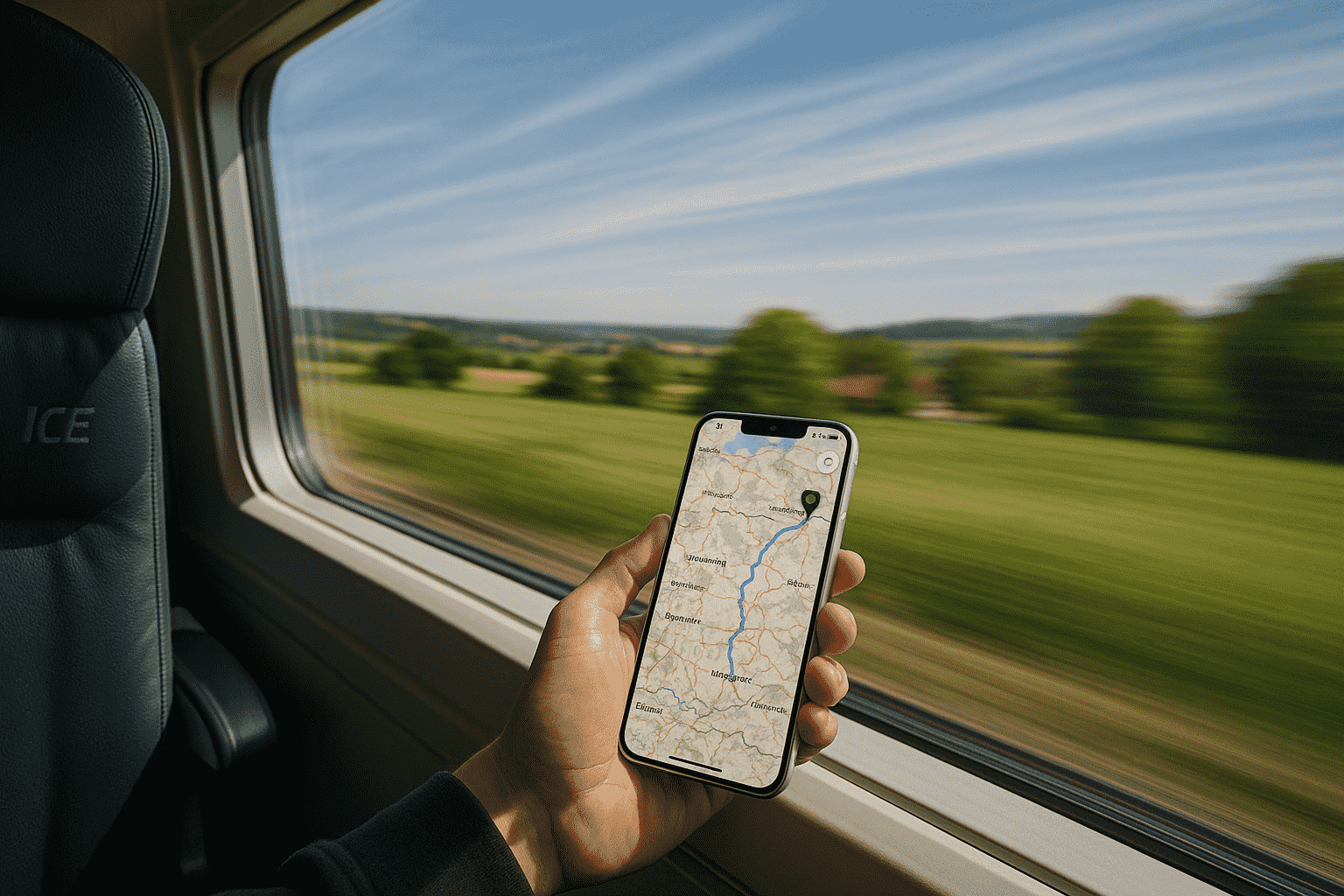 Person using navigation app on a phone while traveling by train in Germany.