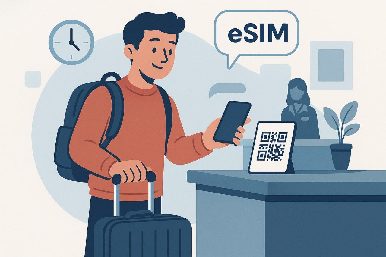 Illustration of traveler scanning QR code to activate eSIM in hotel lobby, modern tech style, friendly tone
