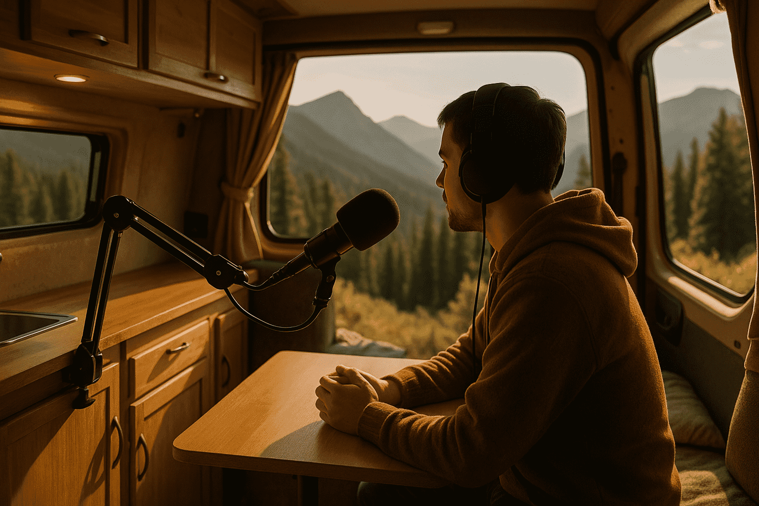 A person recording in a van, a scenario where knowing how much bandwidth is needed for a podcast on the move is critical.