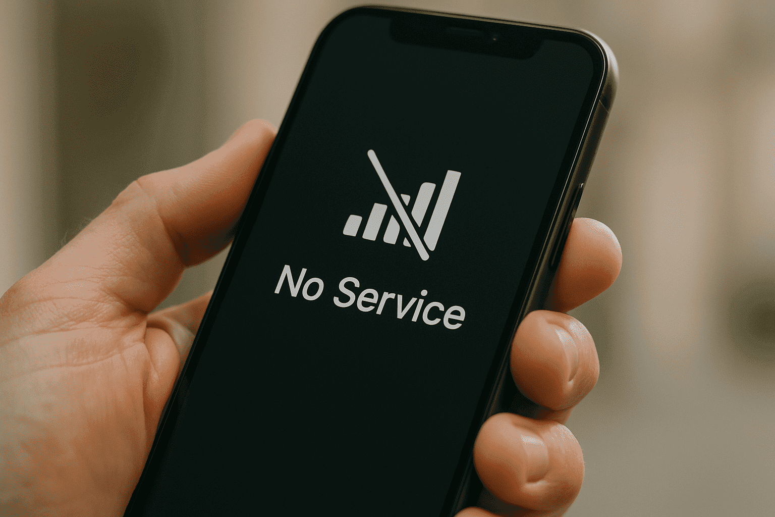 Téléphone affichant 'Pas de service'—un signe critique pour savoir si vous avez été victime d'un échange de carte SIM