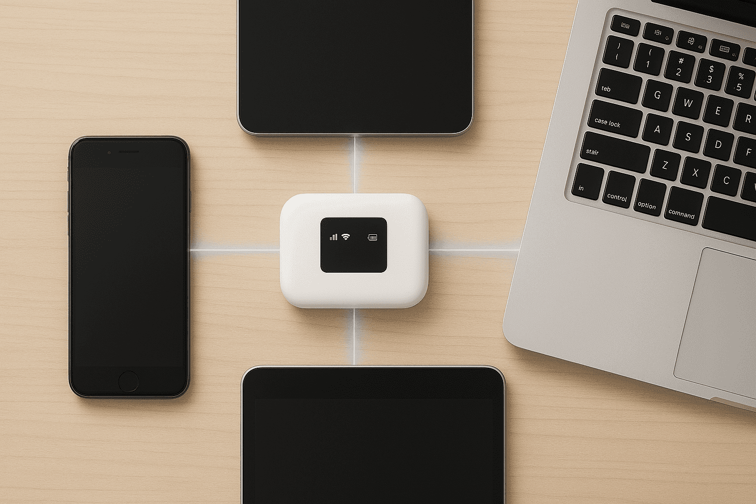 A modern pocket wifi philippines device connecting a phone, tablet, and laptop.