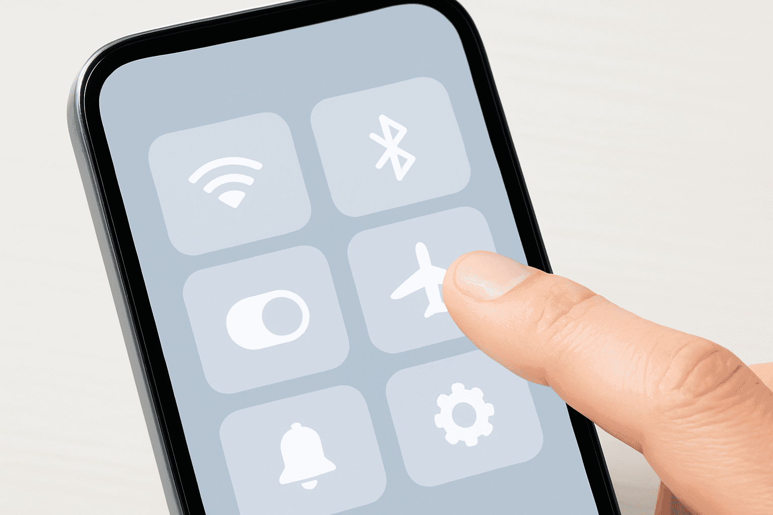 Finger tapping airplane mode icon on smartphone, a fix for 'eSIM not provisioned