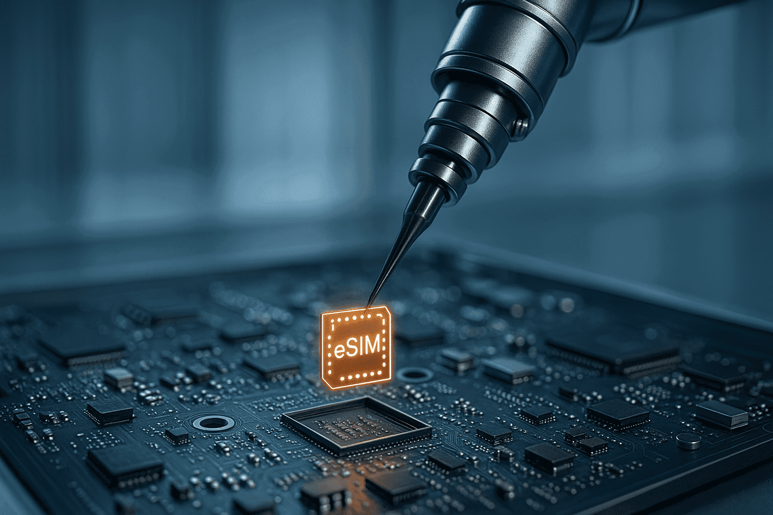 A high-precision robot performs eSIM provisioning directly on a device's motherboard.