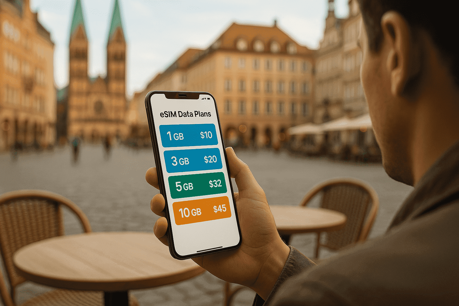 Traveler checking eSIM data plan prices on phone in a German city square