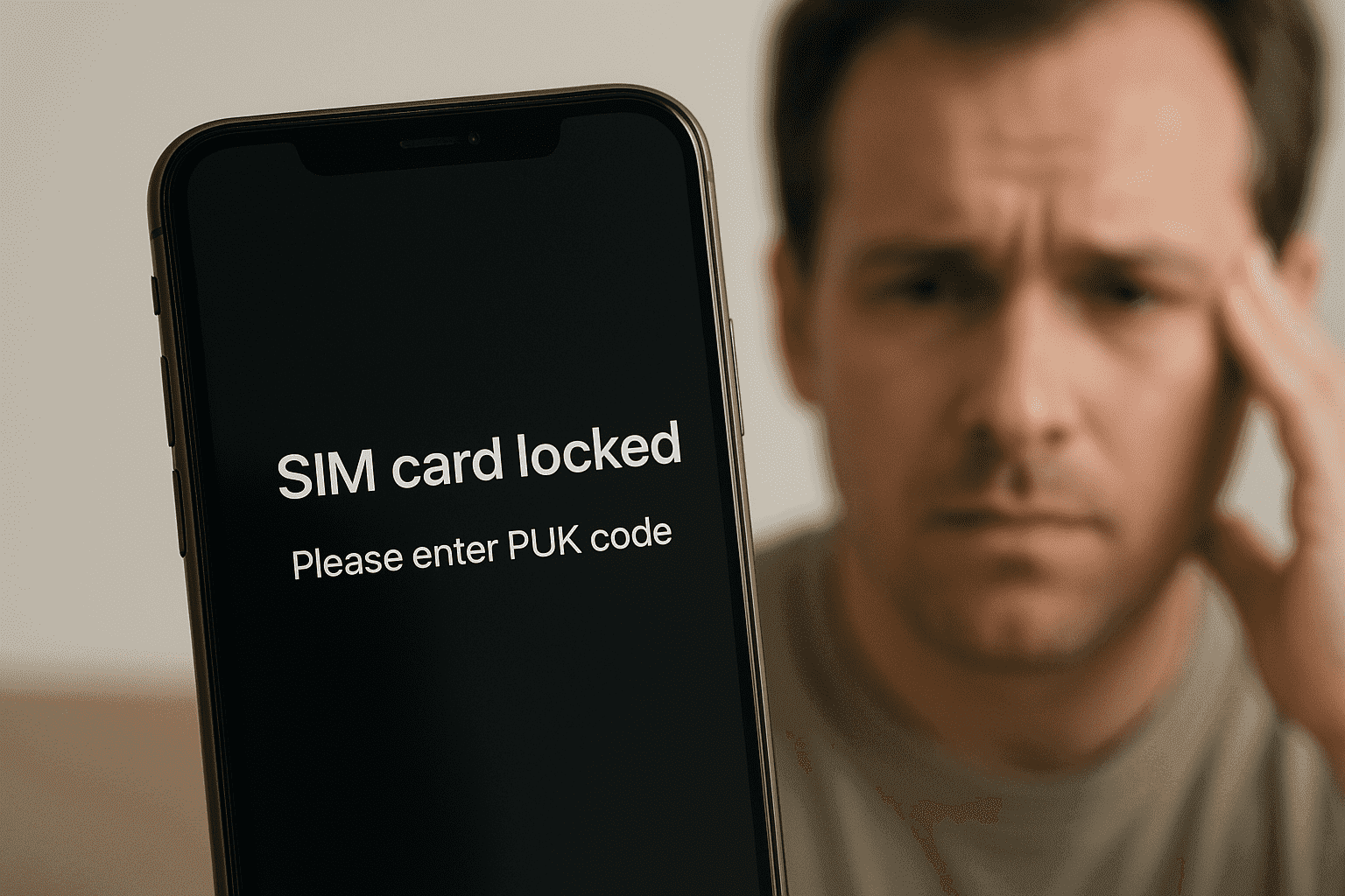 A phone screen showing the PUK code prompt for a sim card locked issue.