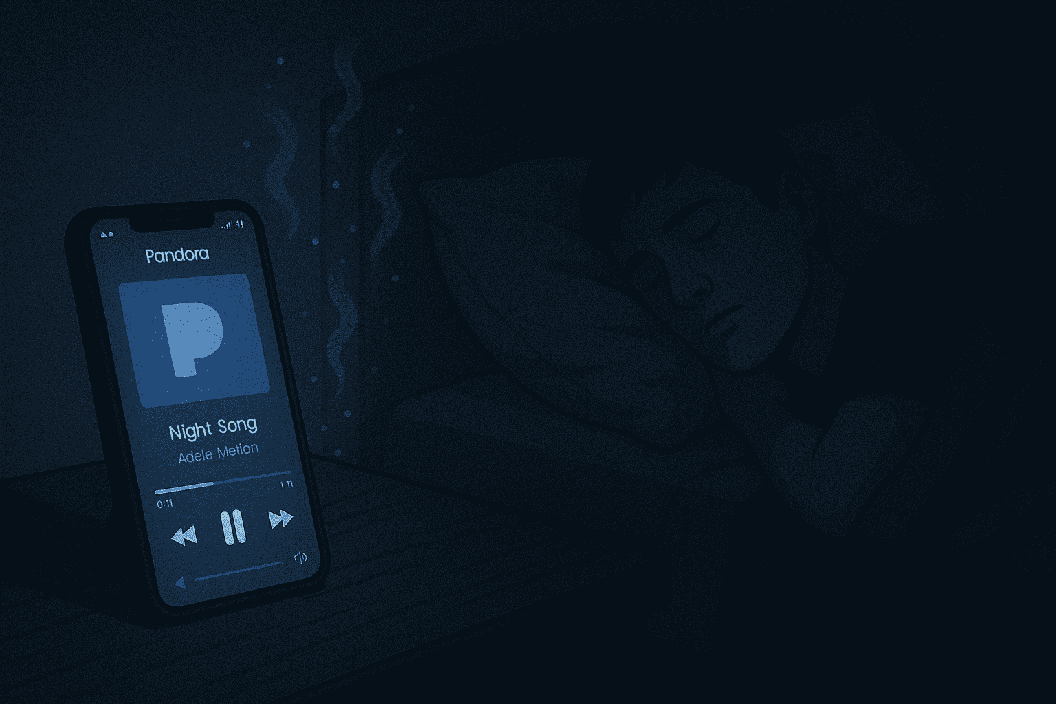 A phone playing Pandora at night, showing a hidden factor in how much data does Pandora use.