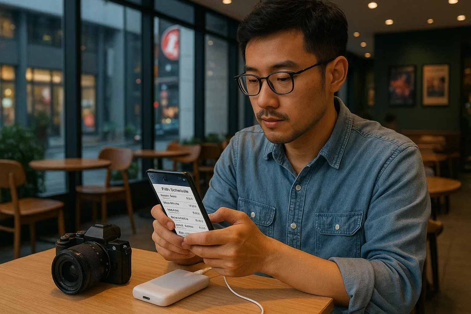Inside a modern Taipei café near a cinema district, a traveler organizing a film schedule on a phone beside a power bank and camera