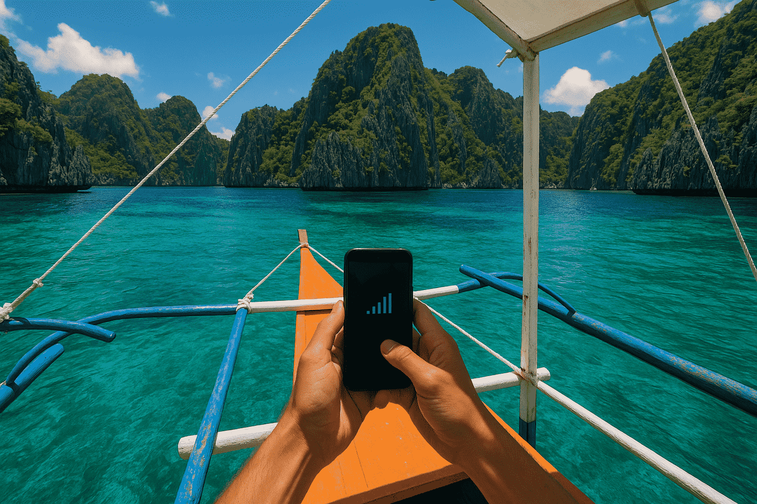 Checking for a signal with a phone connected to a pocket wifi philippines on a banca boat.