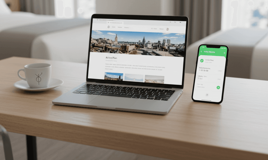 Laptop and phone showing Yoho Mobile eSIM active in hotel room