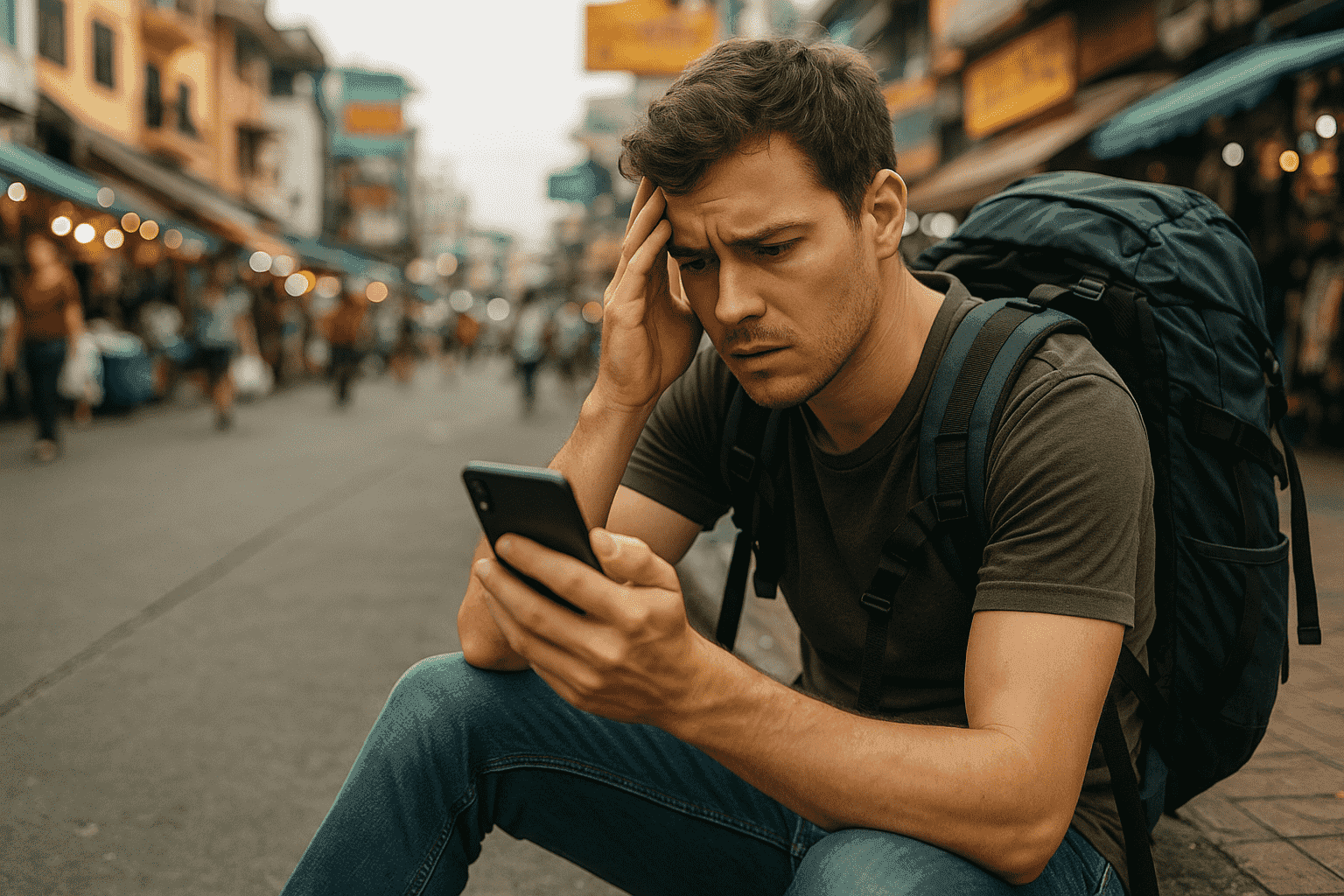 A backpacker faces frustration, a common problem for those who don't know how to avoid roaming charges.