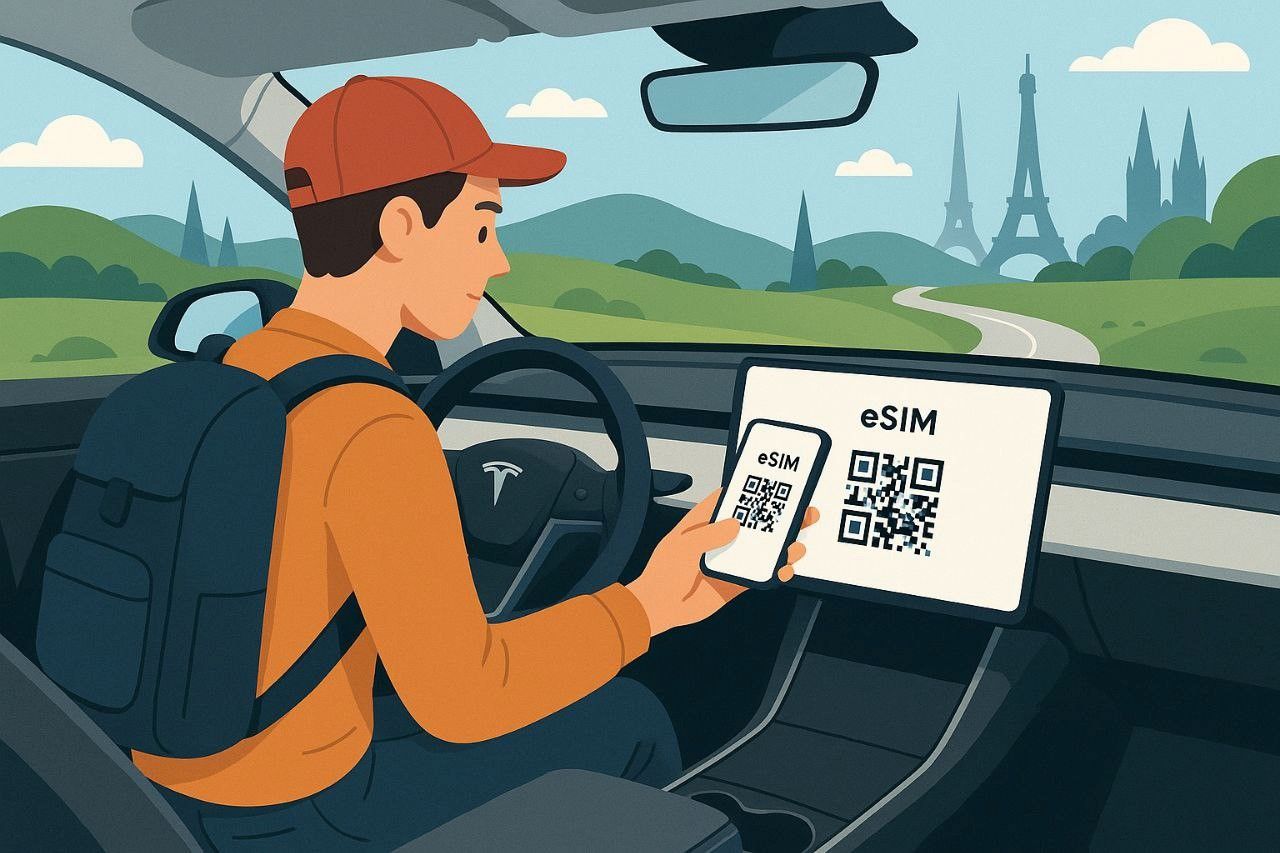 Modern flat illustration of a traveler scanning a QR code on a smartphone inside a Tesla to activate eSIM before a European road trip