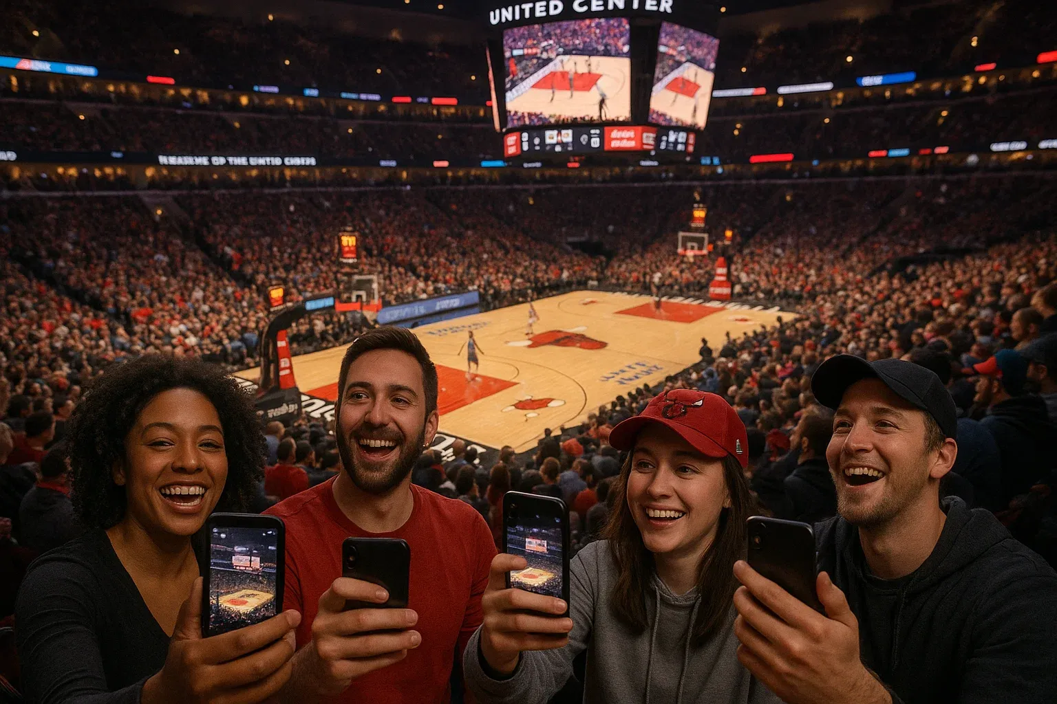 NBA fans holding smartphones outside State Farm Arena, watching live game highlights while staying connected with eSIM