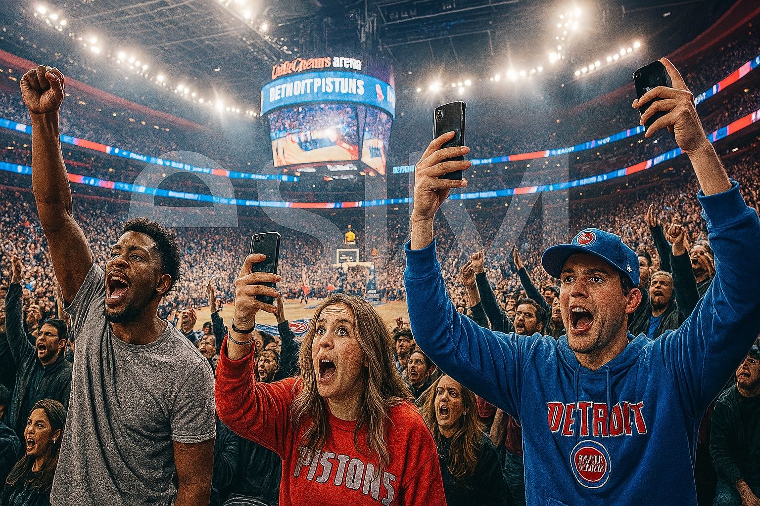 NBA fans inside Little Caesars Arena cheering during a Pistons game, bright arena lights, energetic crowd, smartphones out capturing highlights — travel tech focus with eSIM theme