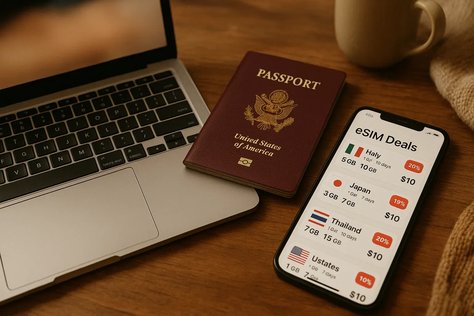 Open laptop and passport next to smartphone screen showing discounted eSIM deals.webp