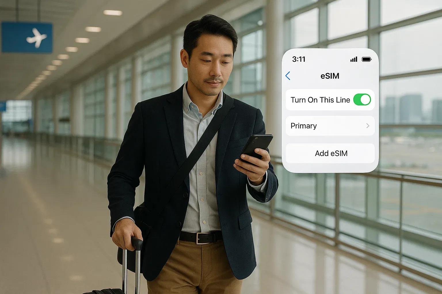 Passenger walking in Seoul airport terminal reviewing phone with eSIM settings active, calm efficiency and global travel tone