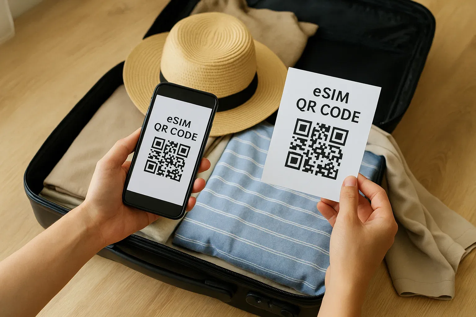 Person holding a smartphone and scanning an eSIM QR code while packing luggage, natural daylight, simple instructional vibe