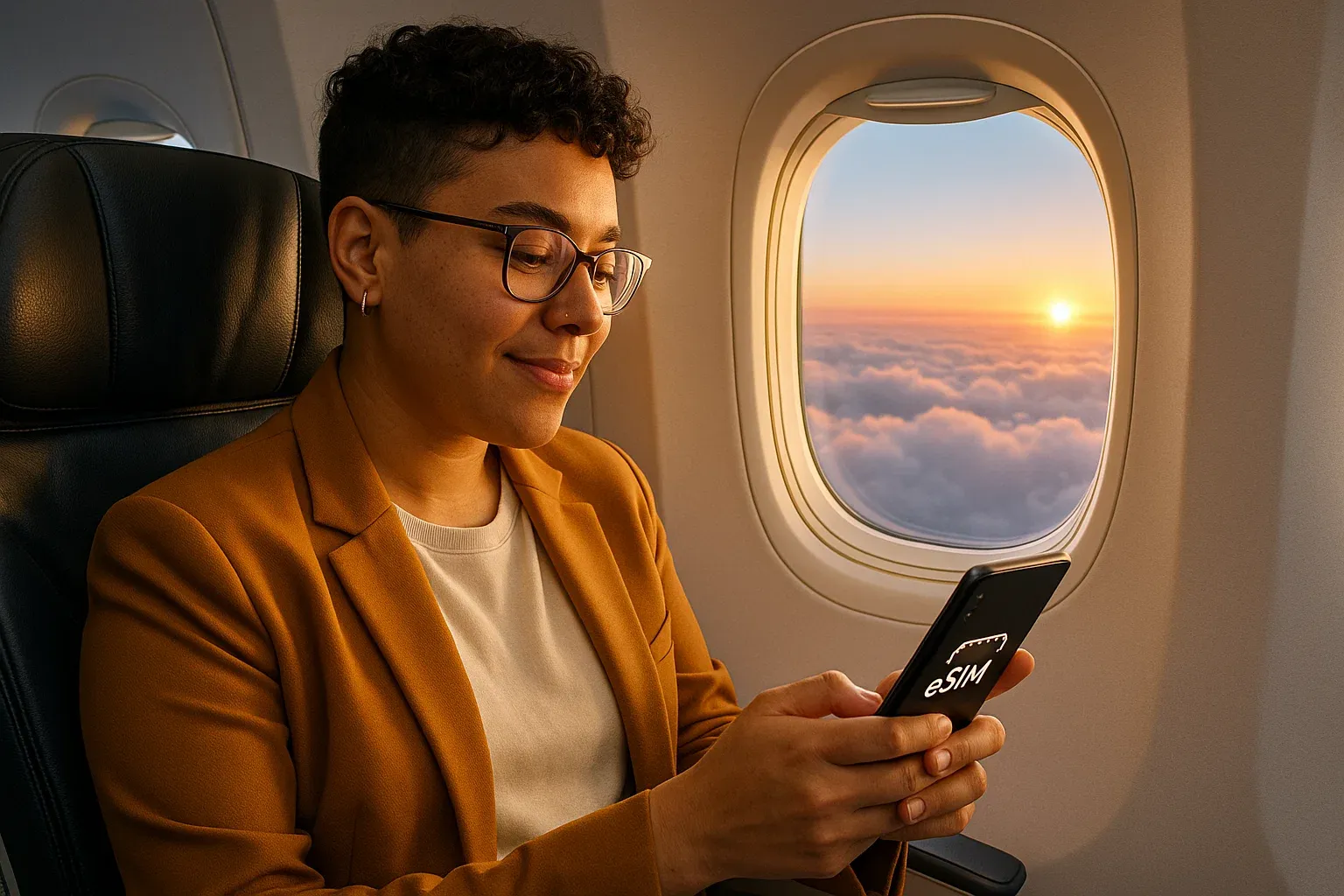 Person seated on airplane using phone with eSIM active, plane window view of clouds and sunrise — professional, bright, connected traveler theme