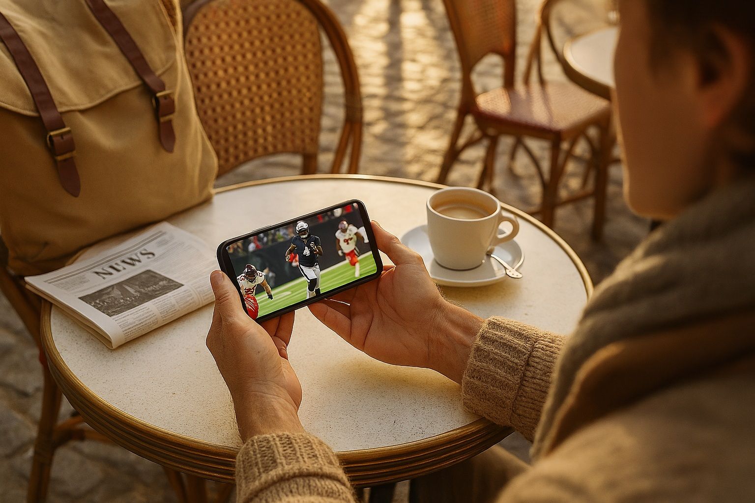 Person using phone at a European café watching NFL highlights, morning light, cozy traveler atmosphere, purpose: show real travel moment enjoying streaming and news updates