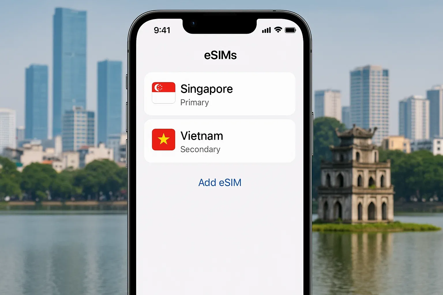 Phone screen displaying dual Singapore and Vietnam eSIM profiles with Hanoi skyline in background