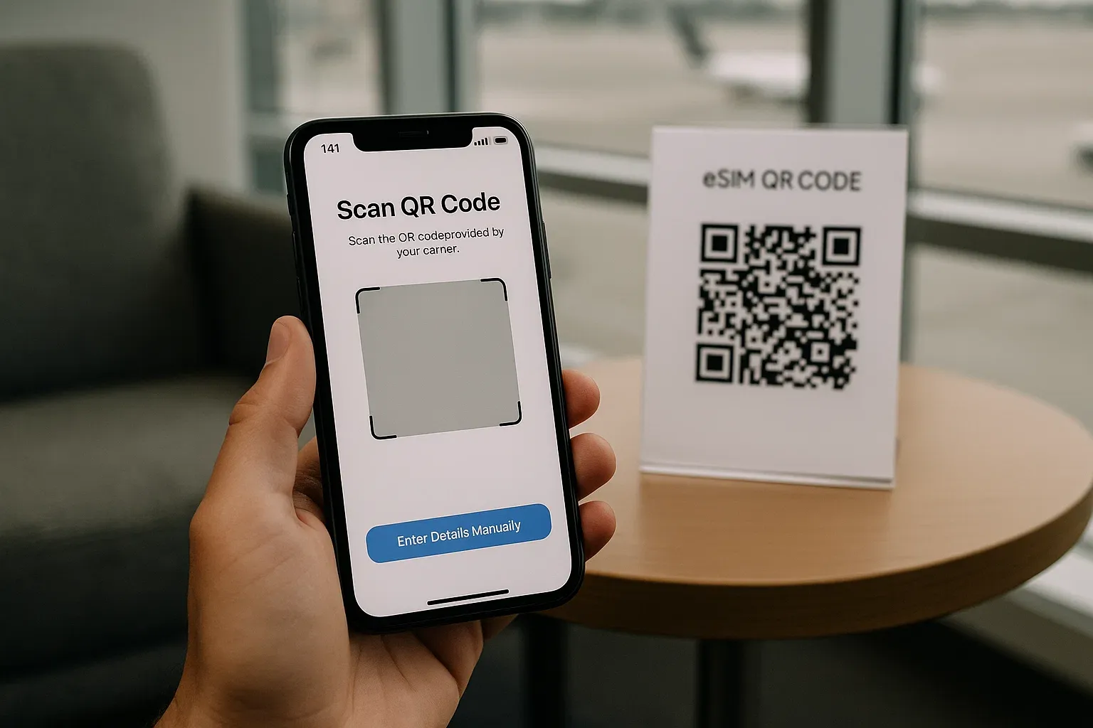 Phone screen scanning an eSIM QR code at an airport lounge, clean lighting, practical tech focus, step-by-step travel setup demonstration