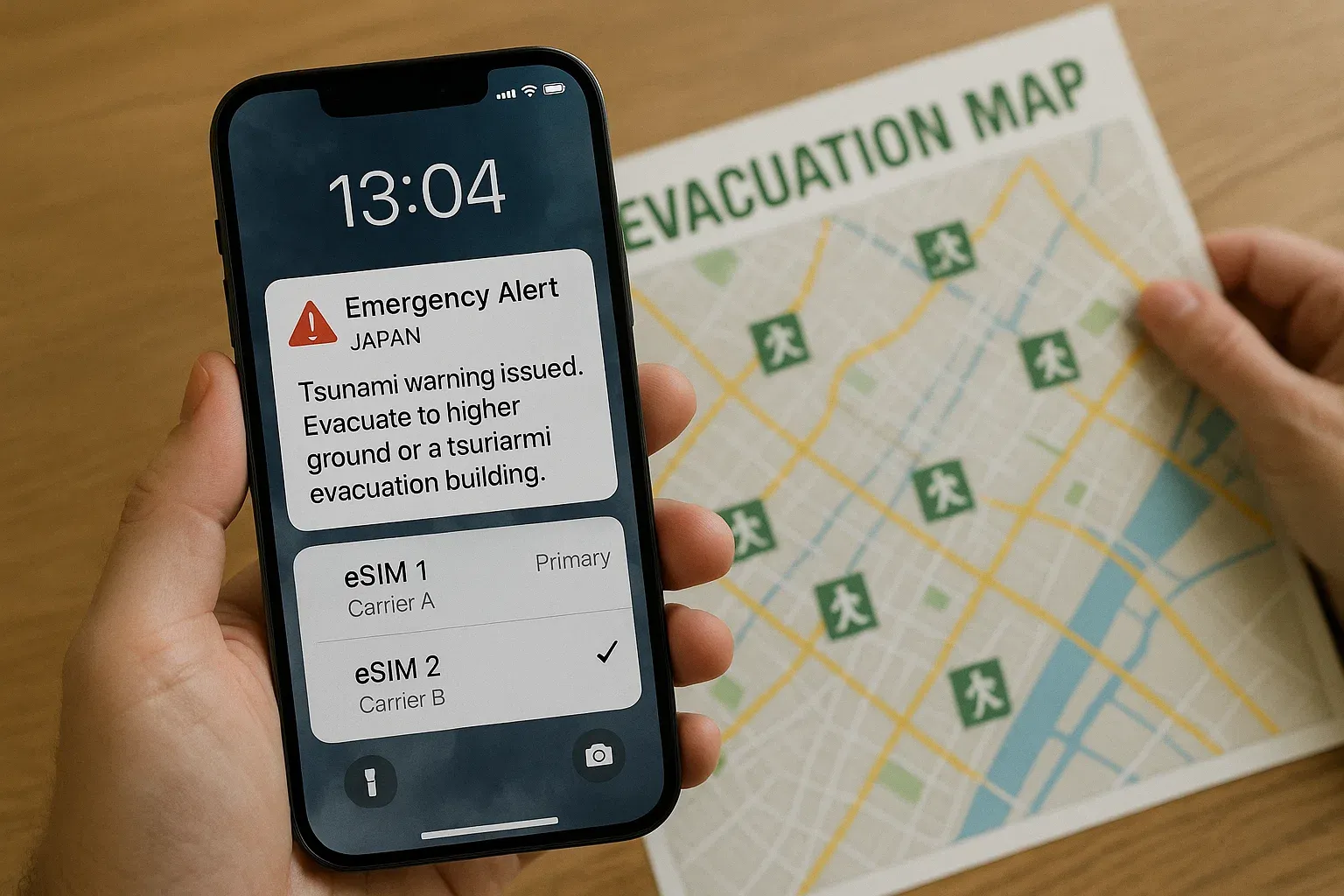 Phone screen showing Japan alert notification and dual eSIM options while traveler reviews evacuation map