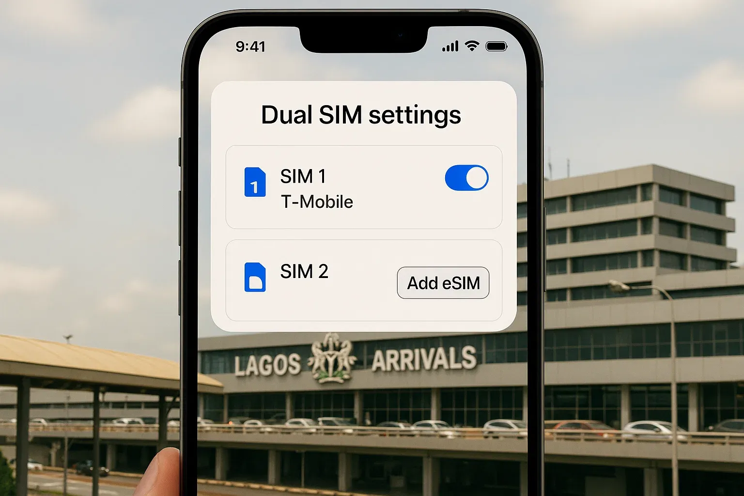 Phone screen showing dual SIM settings with Lagos airport arrival background